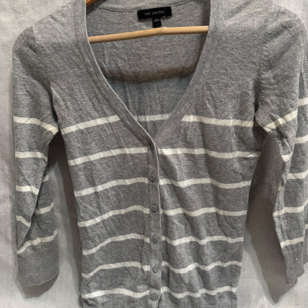 The Limited Gray and White Striped Cardigan